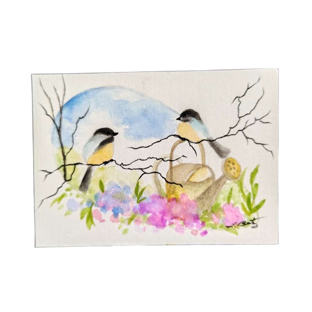 Aceo Original Painting "watering can and chickadees" Signed L Bentz